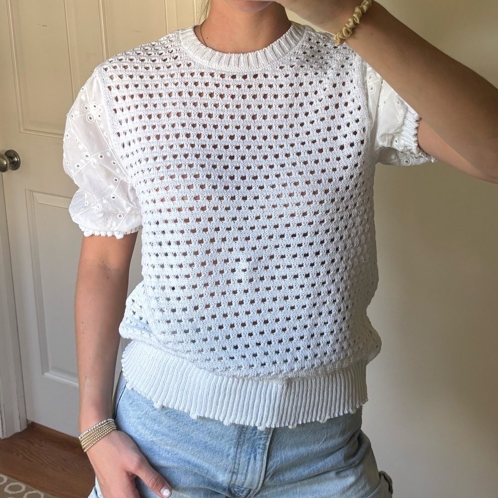 Zara White Knit Eyelet Top